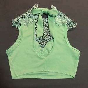 Dressy Crop Top Green Lace Bow